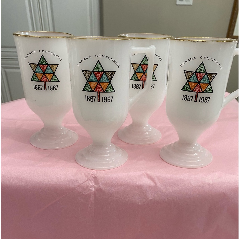 VTG 1960’S CANADA COMMEMORATIVE CENTENNIAL MILK GLASS MUGS SET OF 4 COLLECTABLE